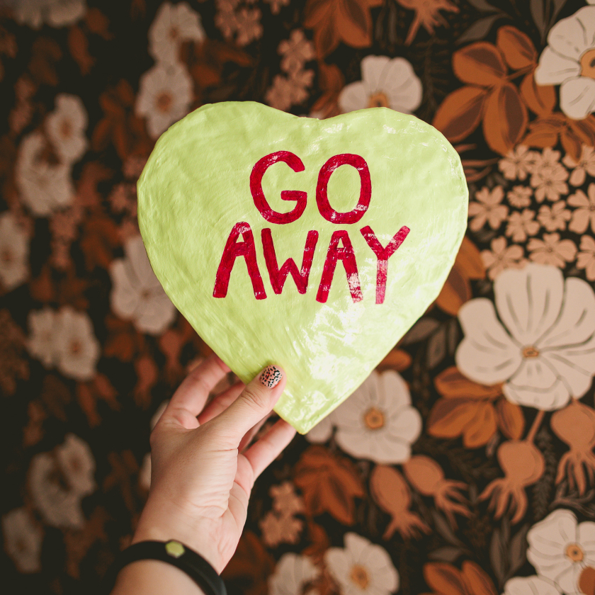 Go Away - Candy Heart Paper Mache Wall Sculpture